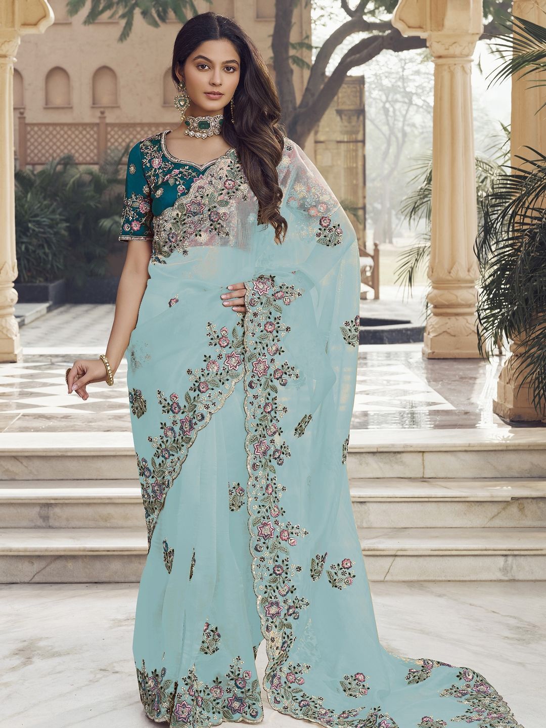 

Suha Floral Organza Saree, Sea green