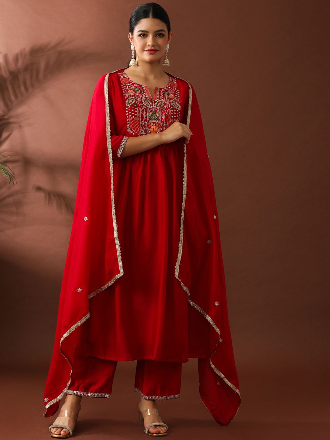 

Jaipur Kurti Women Floral Yoke Design Layered Sequinned Kurta with Trousers & With Dupatta, Red