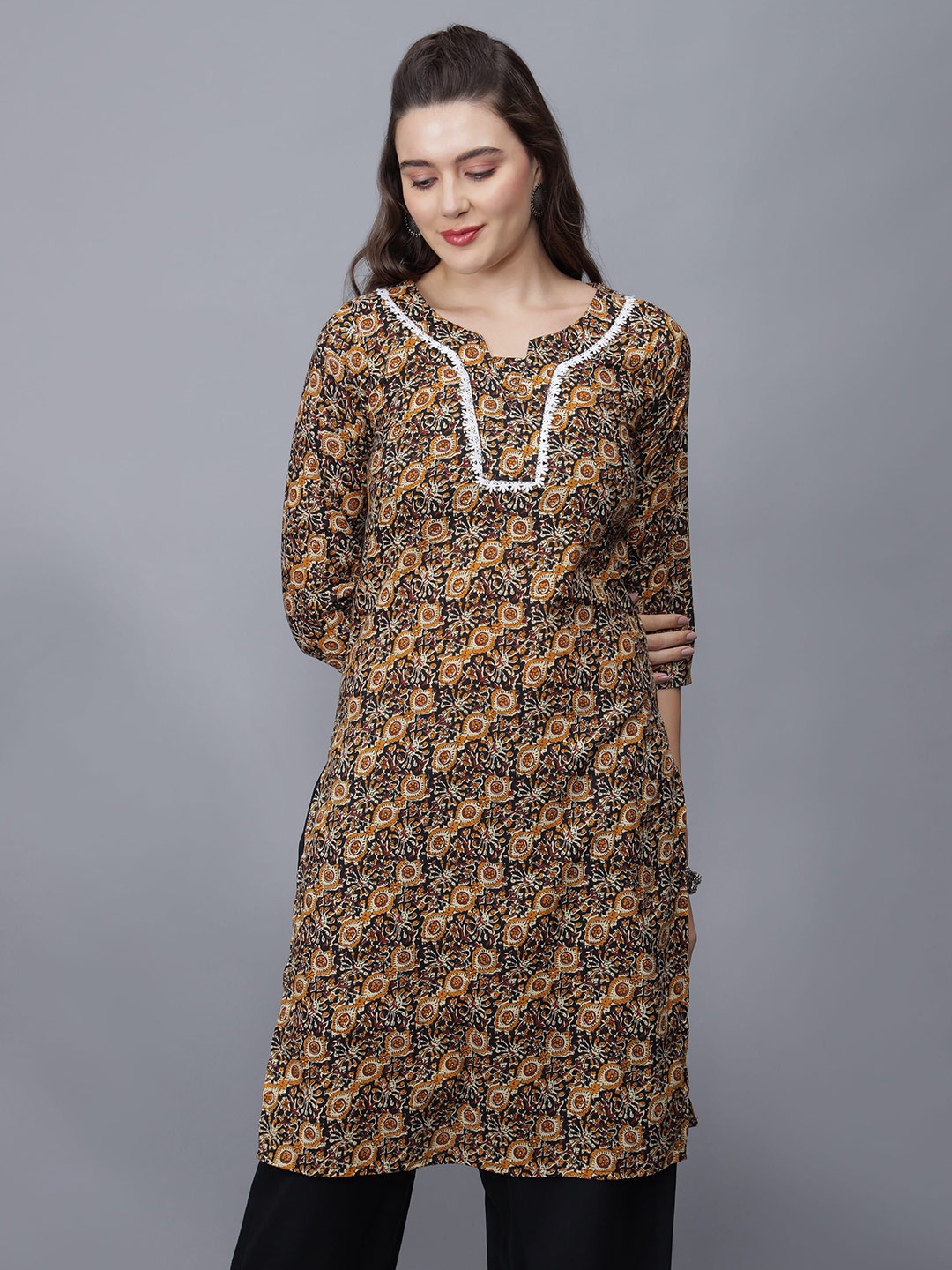 

ETRAANA Printed Pure Cotton Round Neck Kurta, Mustard