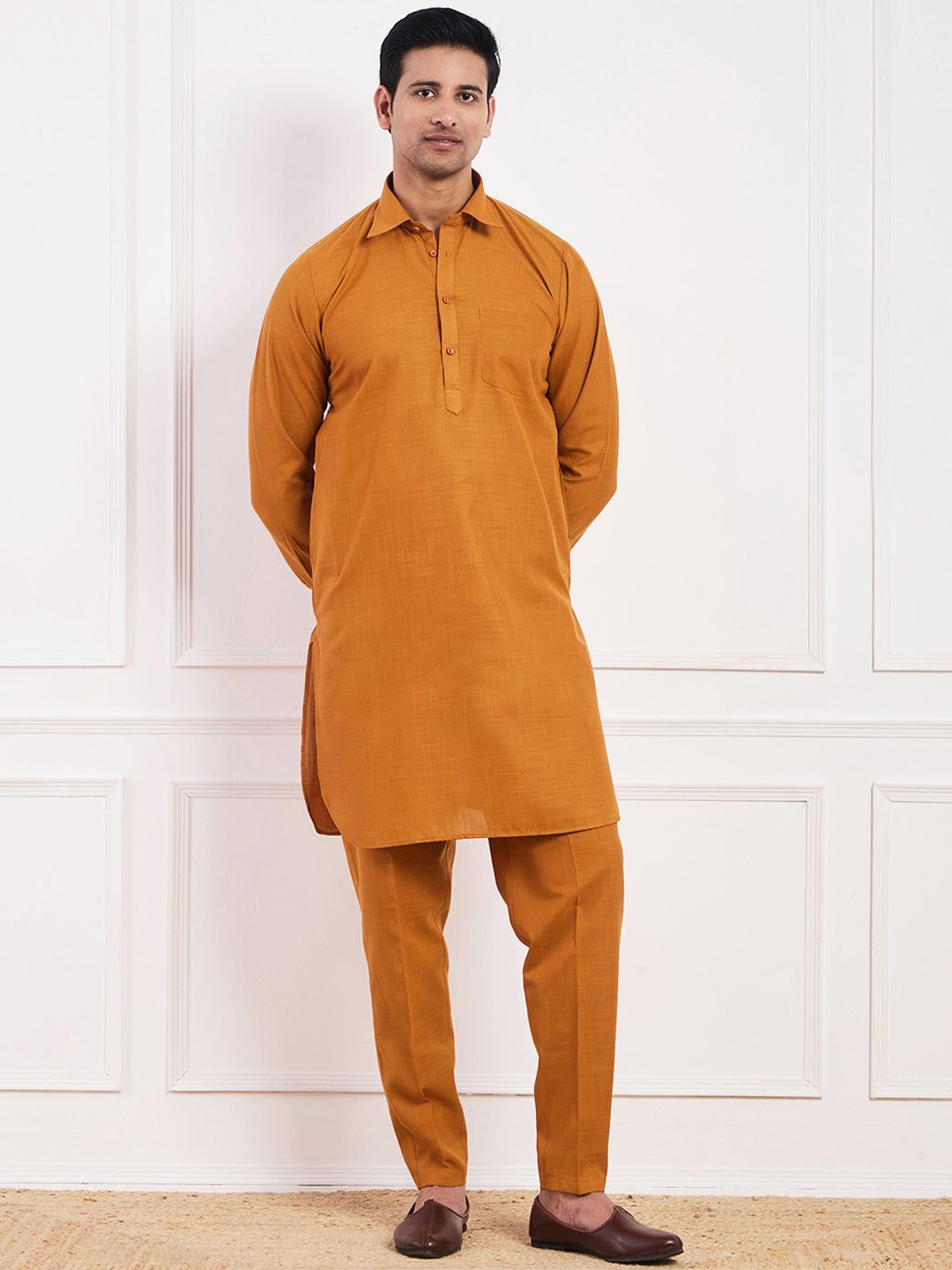 

Satwaa Shirt Collar Single Pocket Pathani Kurta with Trousers, Mustard