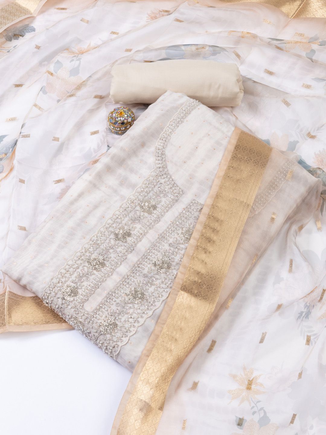 

Meena Bazaar Printed Art Silk Unstitched Dress Material, Off white