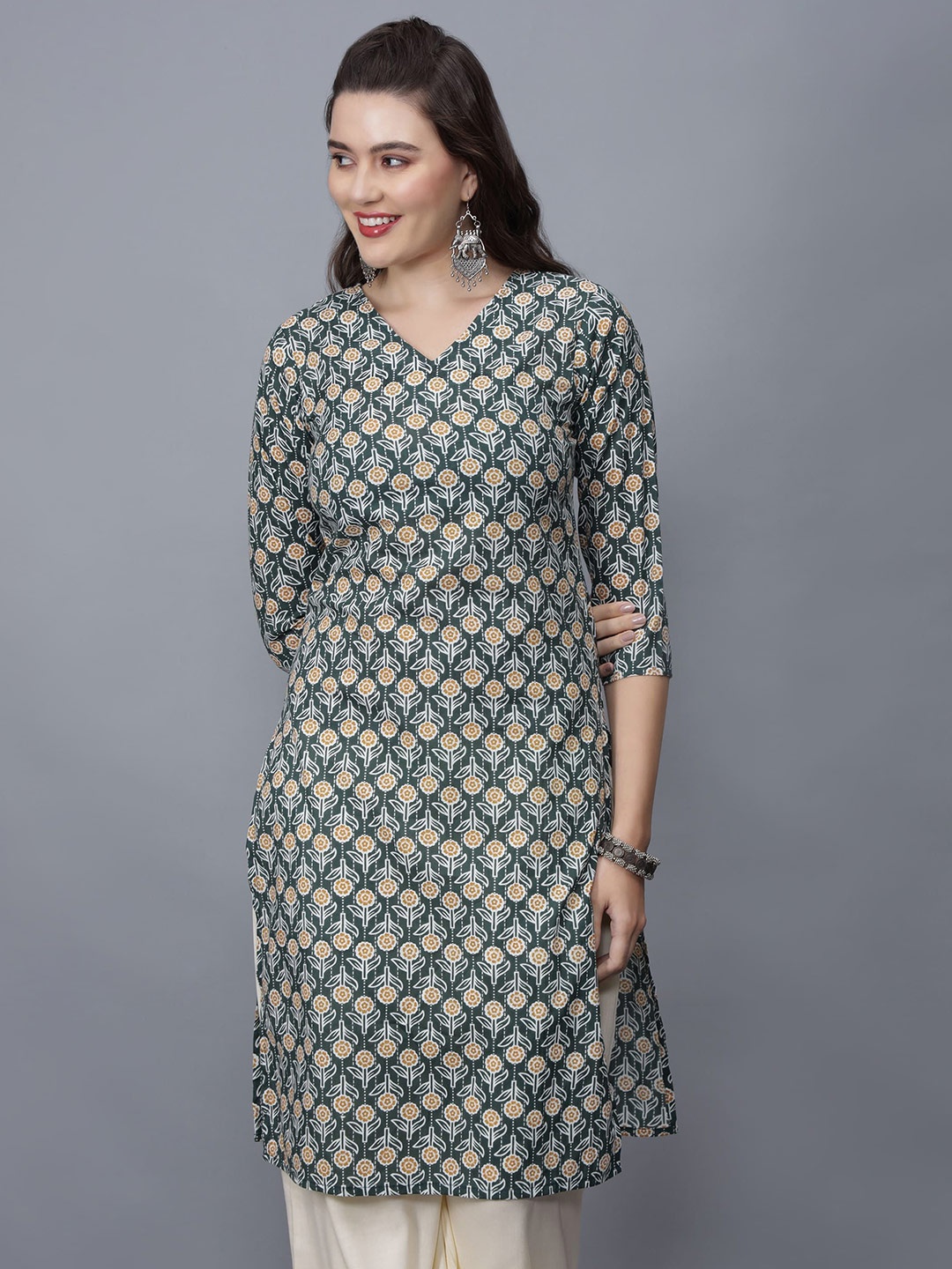 

ETRAANA Printed Pure Cotton V-Neck Kurta, Green