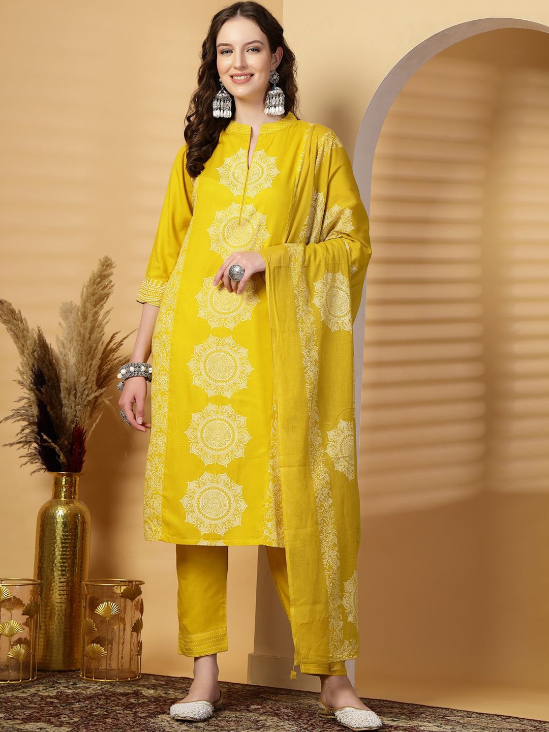 

Clora Creation Ethnic Motifs Printed Regular Kurta With Palazzos & Dupatta, Mustard