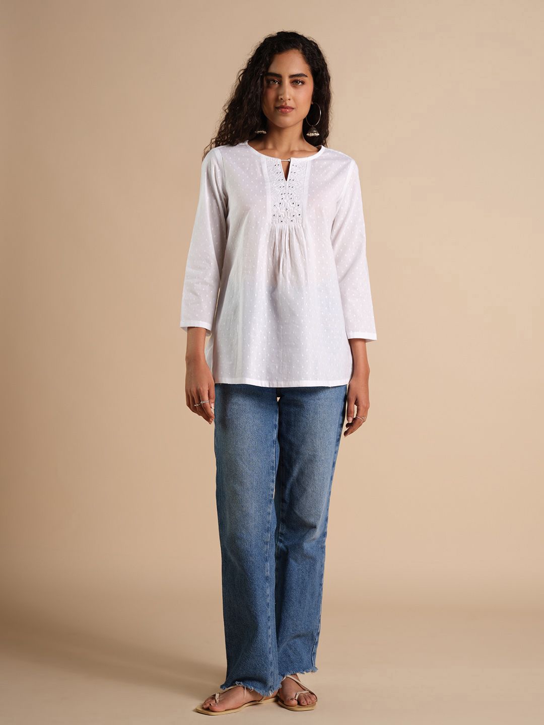 

Global Desi Tie-Up Neck Cotton Top, White
