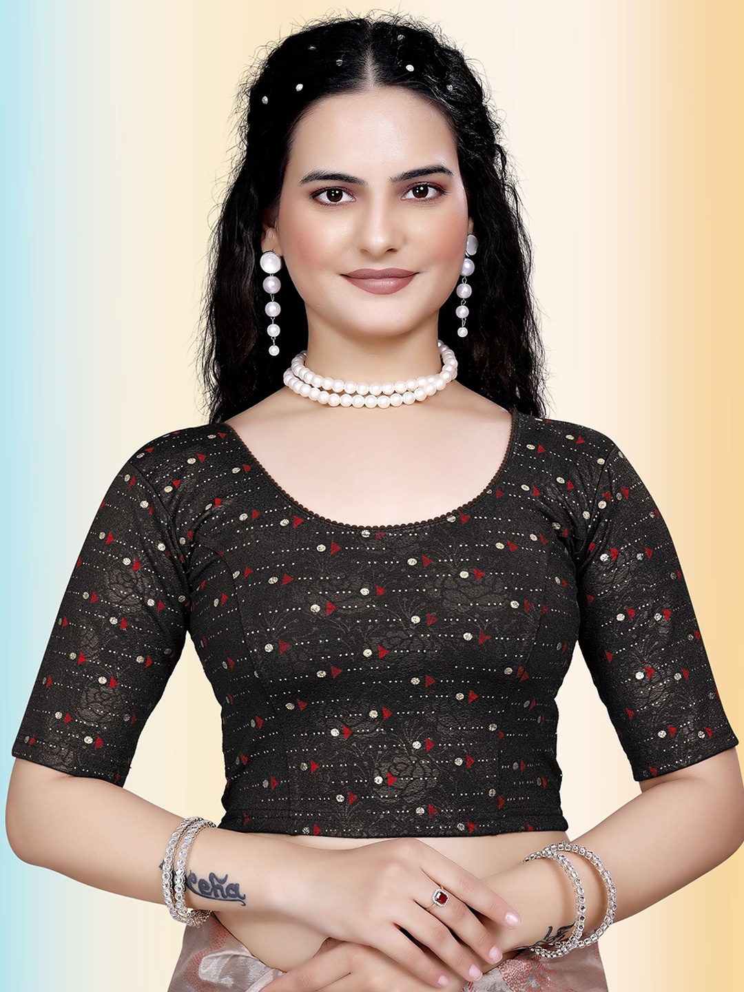 

TANISHM FEB TEX Printed Cotton Saree Blouse, Black