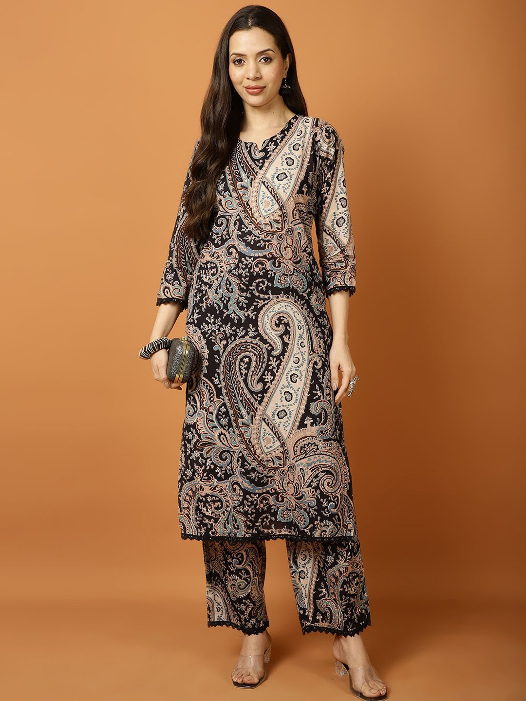 

Meena Bazaar Floral Printed Kurta & Trousers, Black