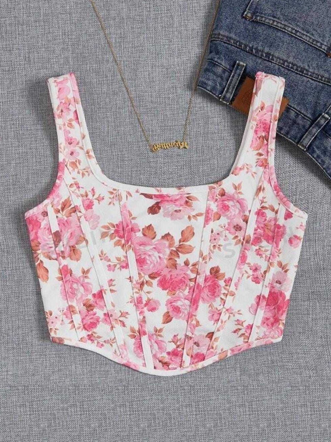 

Projas Floral Printed Crop Corset Top, Pink