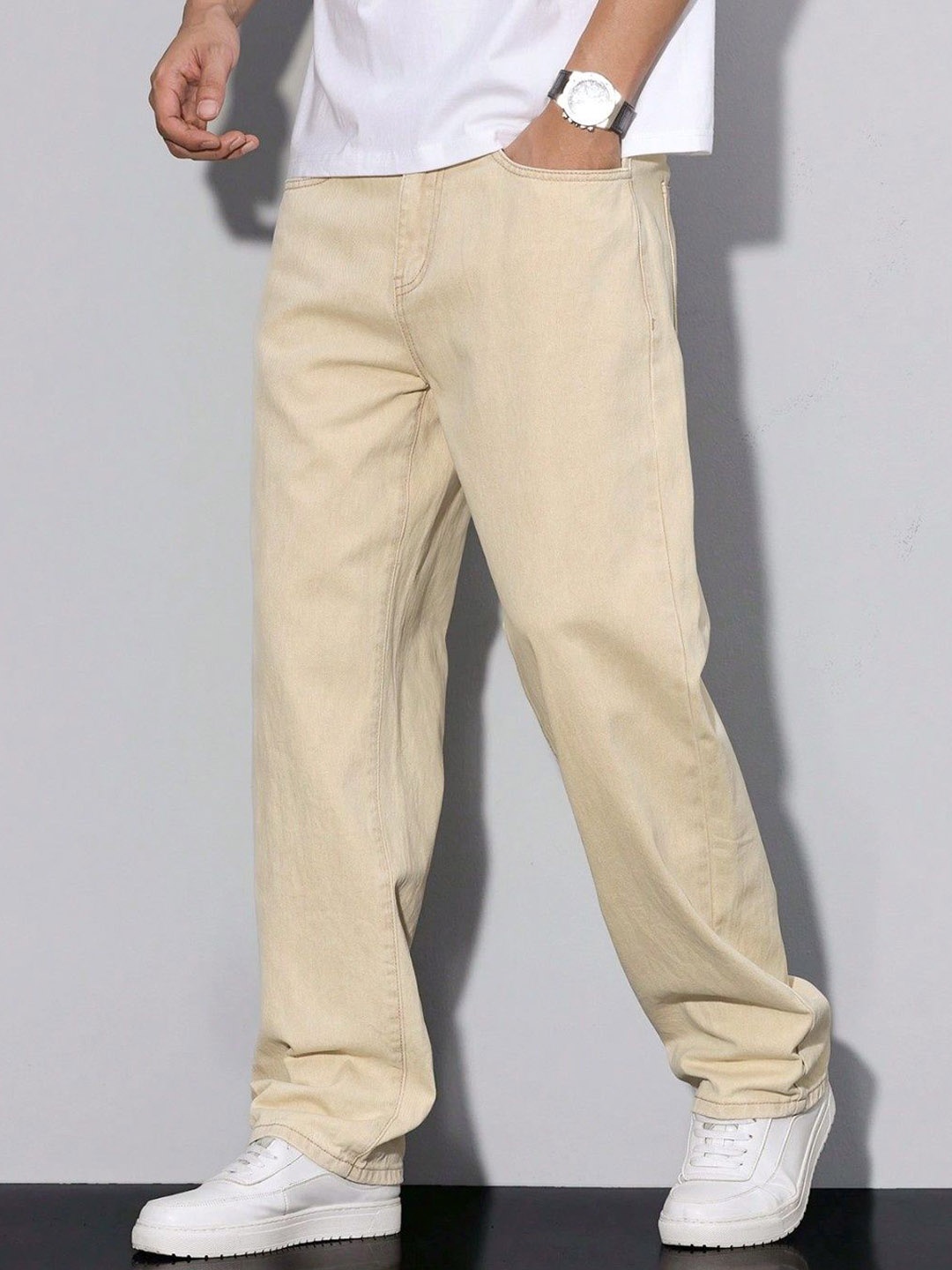 

MASTERLY WEFT Men Mid-Rise Clean Look Straight Fit Stretchable Jeans, Beige