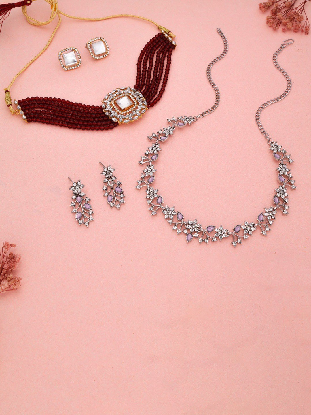 

Lyriss Set Of 2 Gold-Plated & Silver-Plated American-Diamond-Studded Jewellery Set