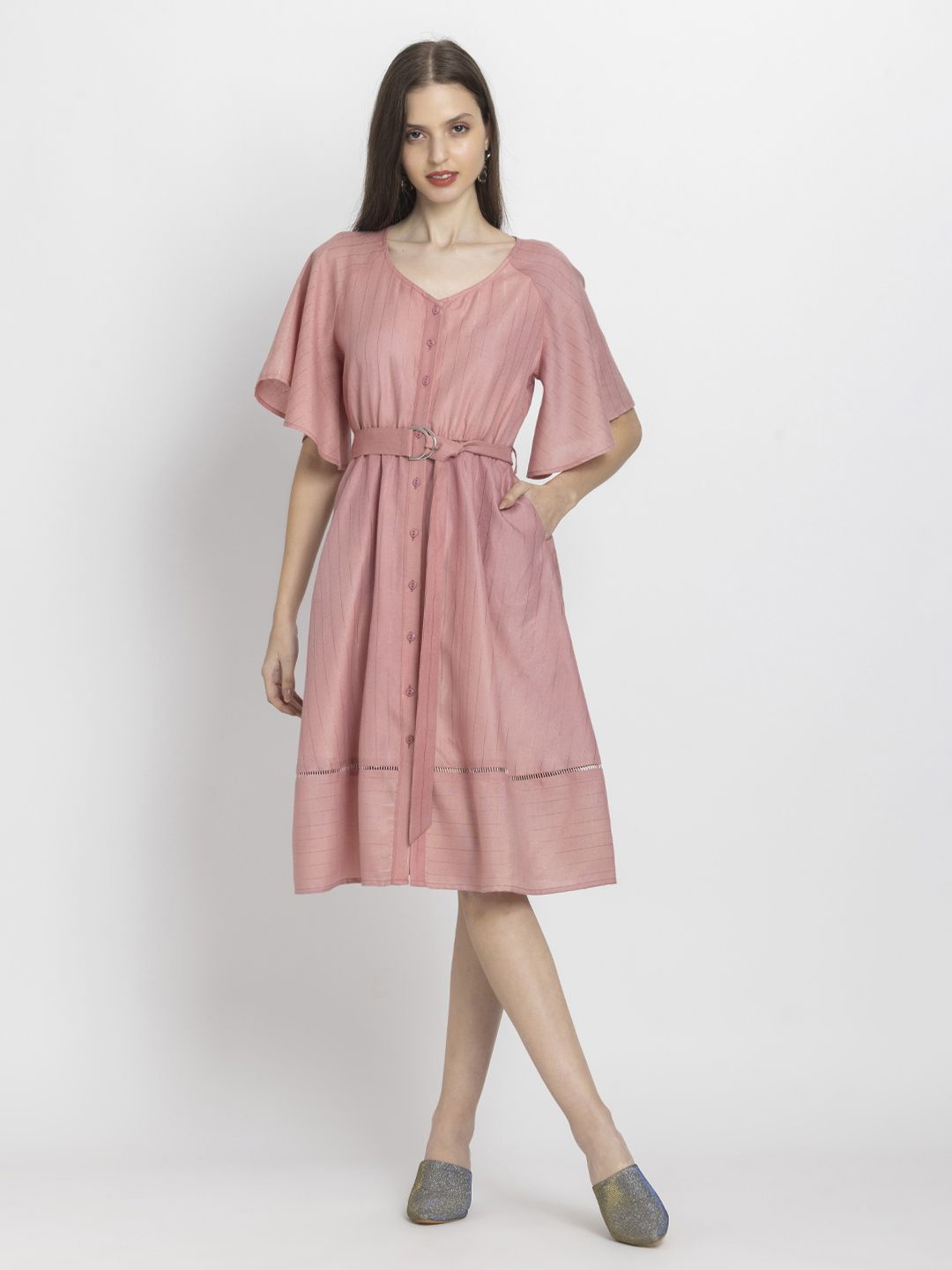 

SHAYE Women Cotton Pink V-Neck Striped Flared Sleeves Casual Fit and Flare Dresses