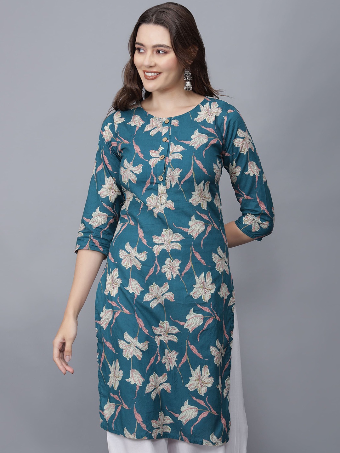 

ETRAANA Floral Printed Pure Cotton Round Neck Ethnic Straight Kurta, Green
