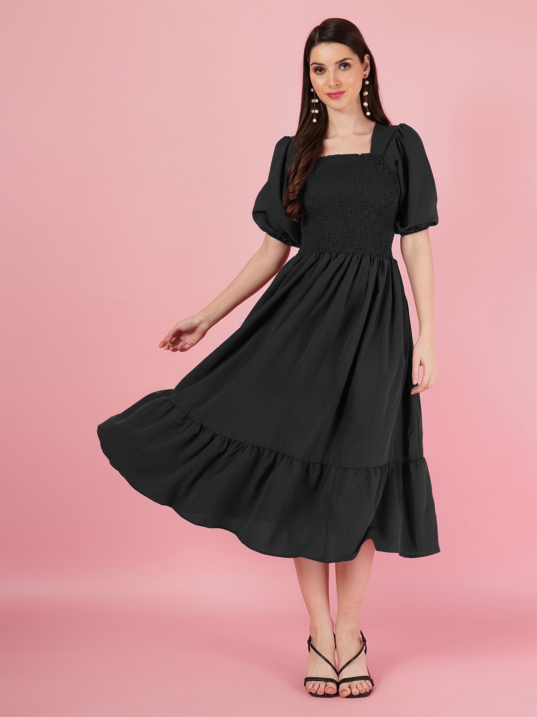 

Raiyani Fashion Puff Sleeve Smocked Detail Fit & Flare Midi Dress, Black