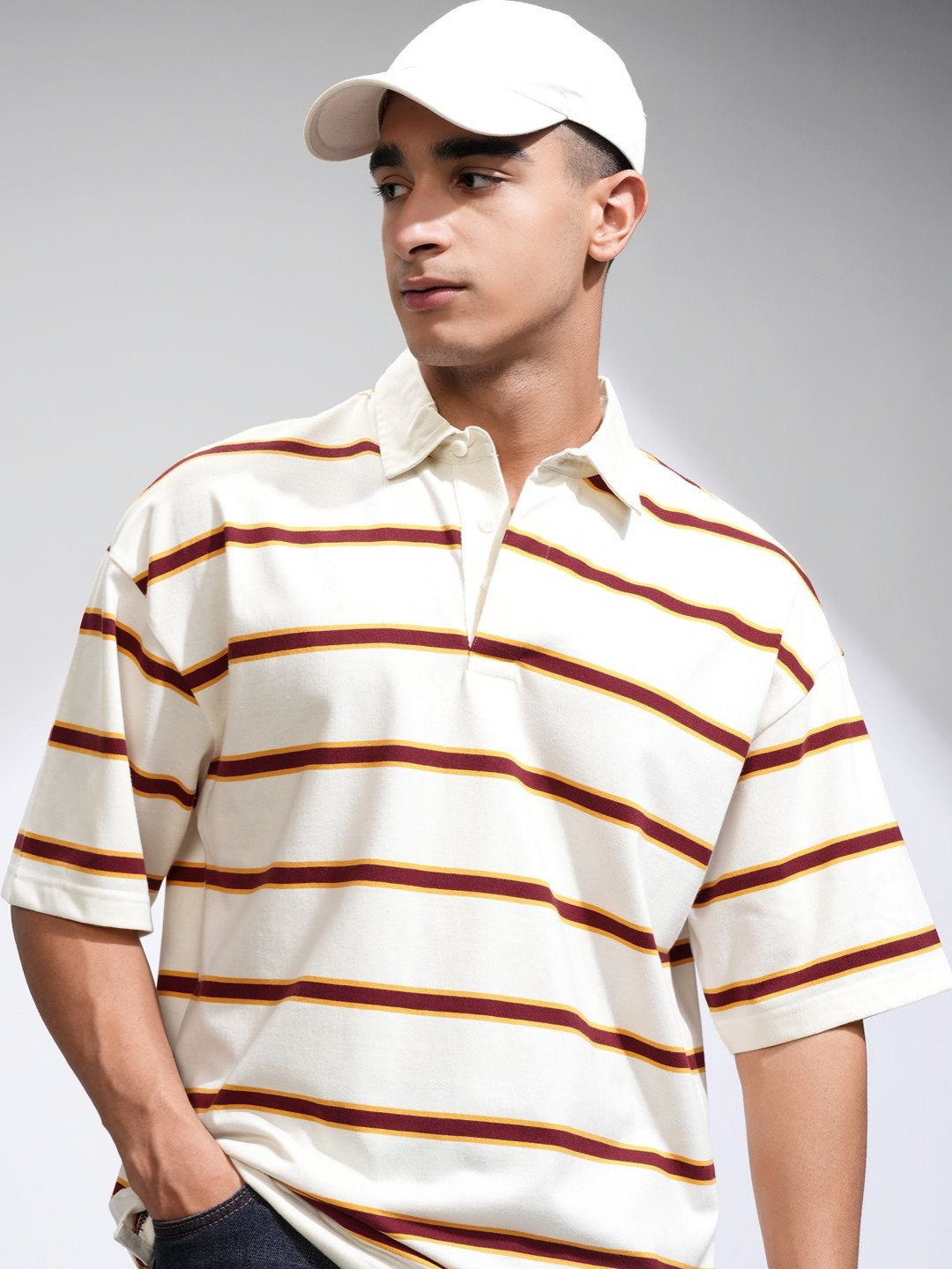 

HIGHLANDER Men Striped Polo Collar T-shirt, Off white
