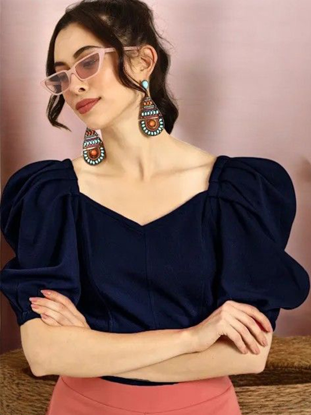 

IUGA Sweetheart Neck Puff Sleeve Crop Top, Navy blue