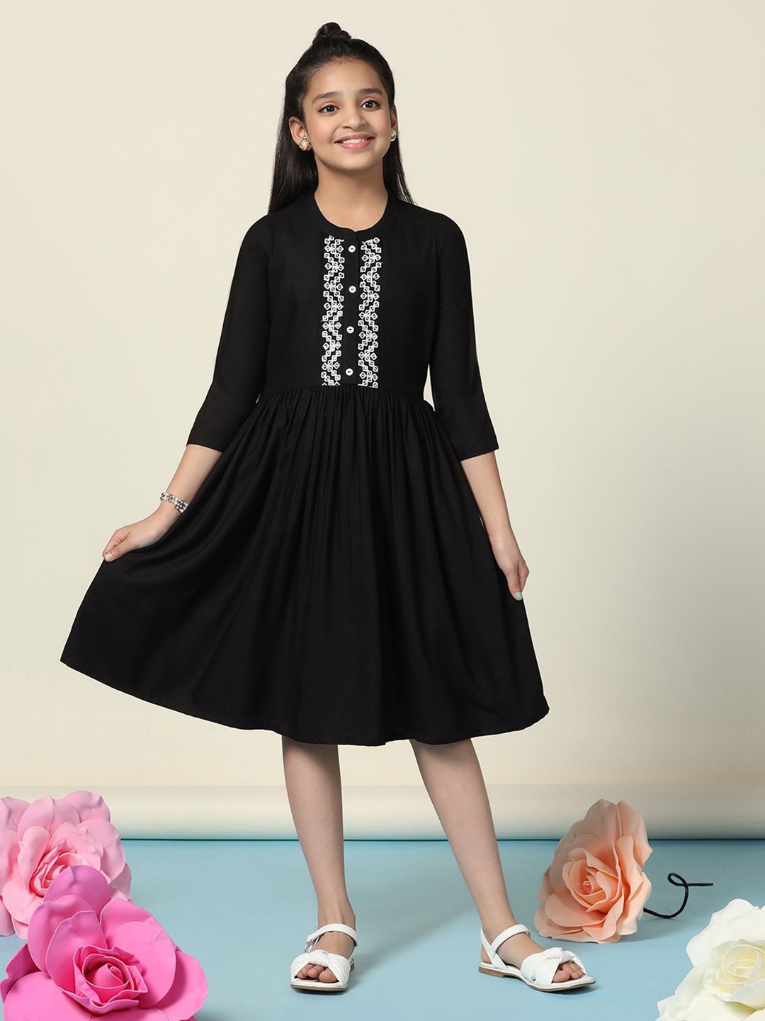 

YK Embroidered Fit & Flare Dress, Black