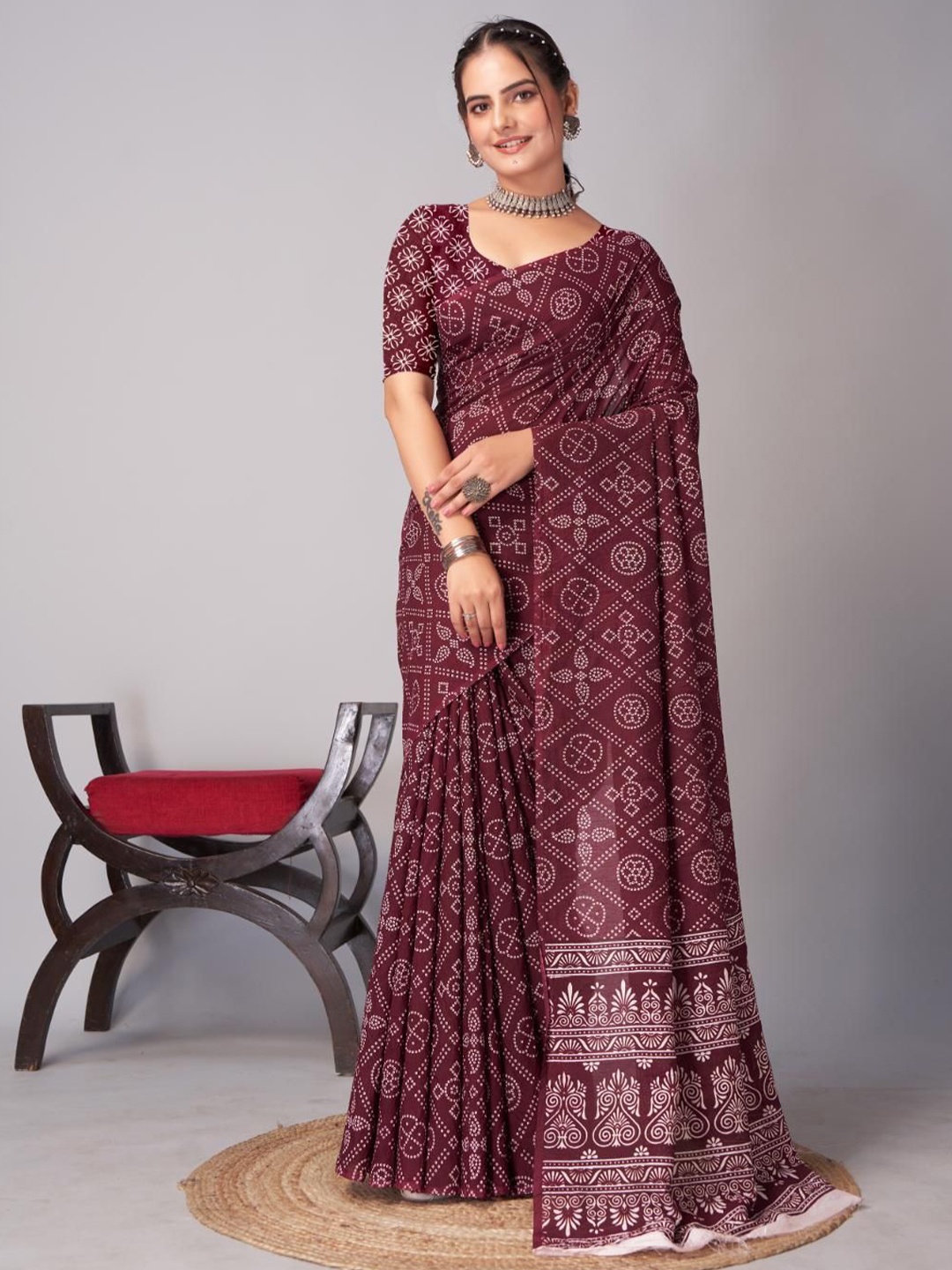 

HERE&NOW Ajrak Block Block Print Saree, Maroon