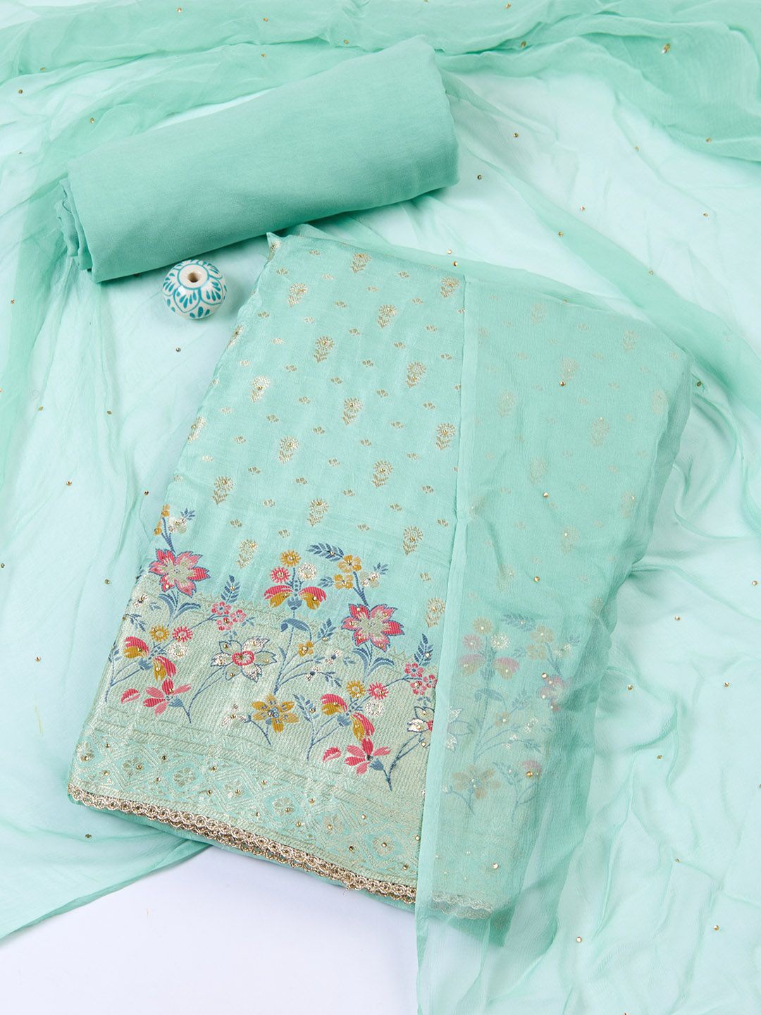 

Meena Bazaar Art Silk Unstitched Dress Material, Sea green
