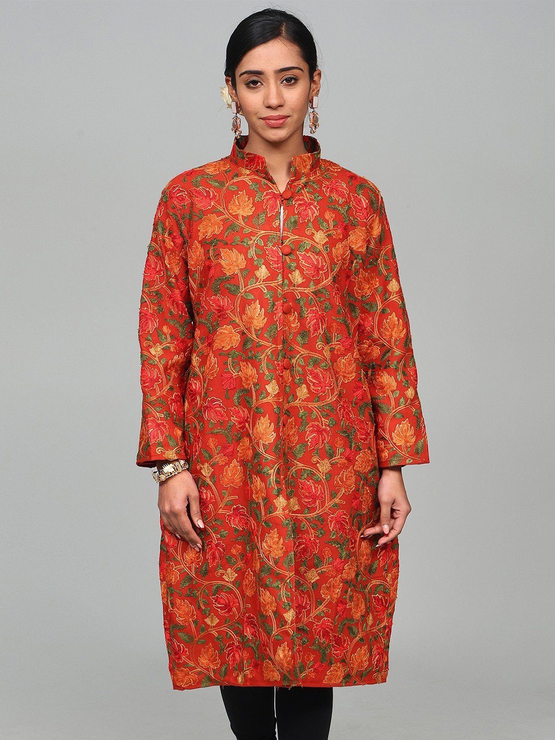 

Exotic India Women Floral Woollen Longline Tailored Jacket with Embroidered, Orange