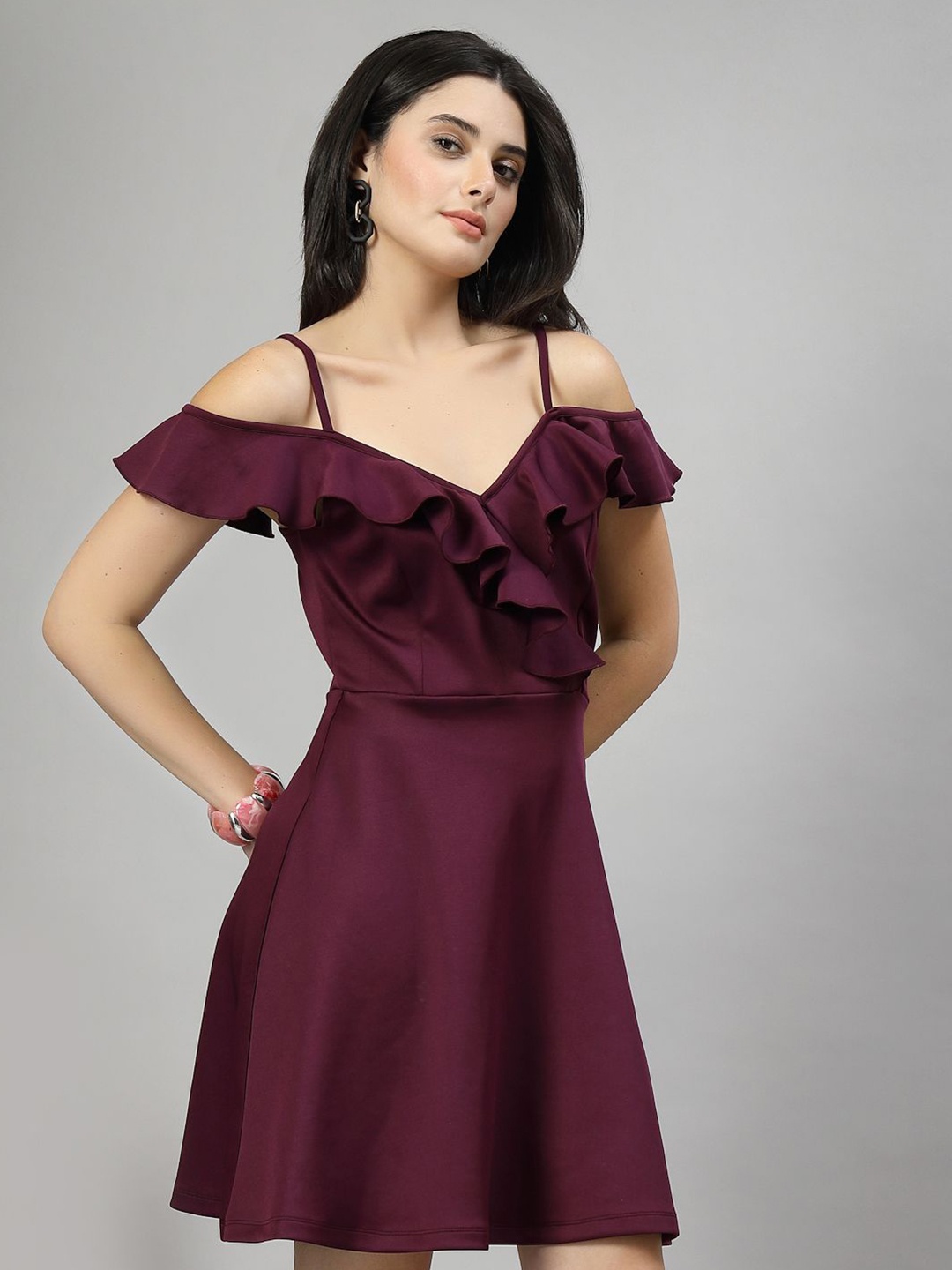 

MOSTUNIQUE BY KASSUALLY Off-Shoulder Flutter Sleeve Fit & Flare Dress, Magenta