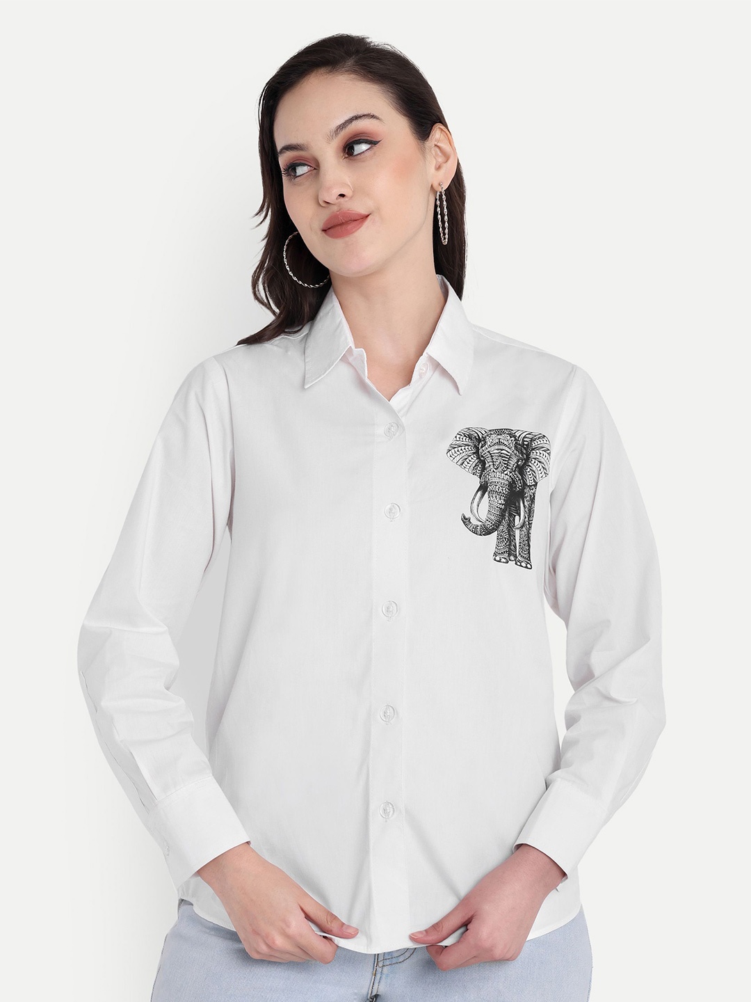 

GAB Women Classic Opaque Printed Casual Shirt, White