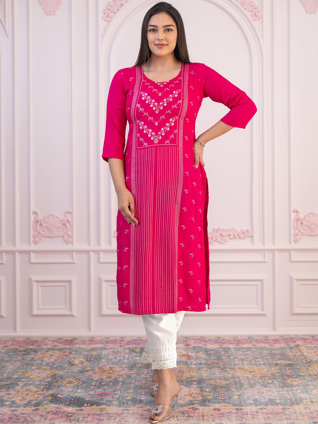 

Juniper Women Ethnic Motifs Printed Thread Work Liva Kurta, Fuchsia
