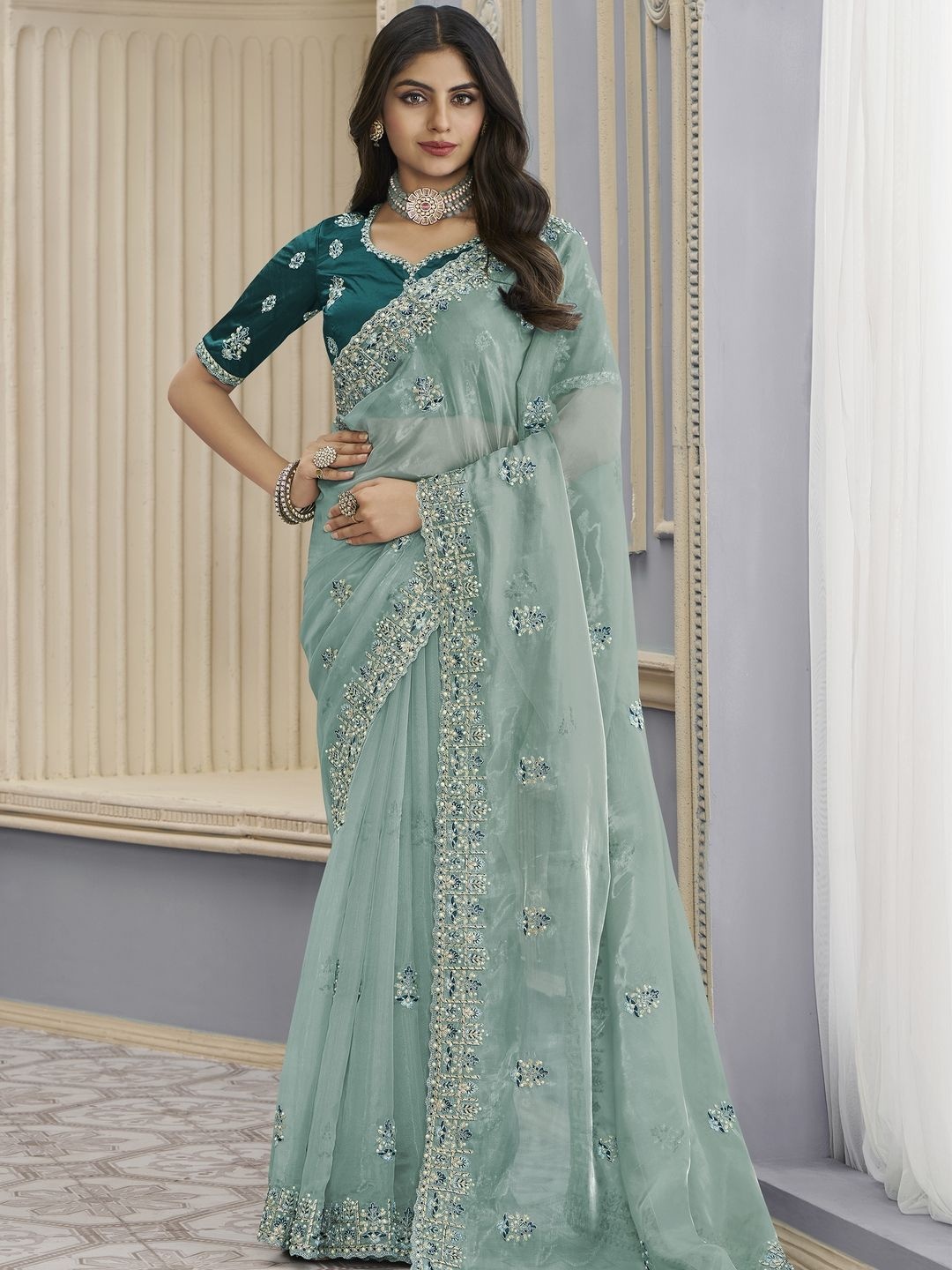 

Suha Floral Beads and Stones Organza Saree, Sea green