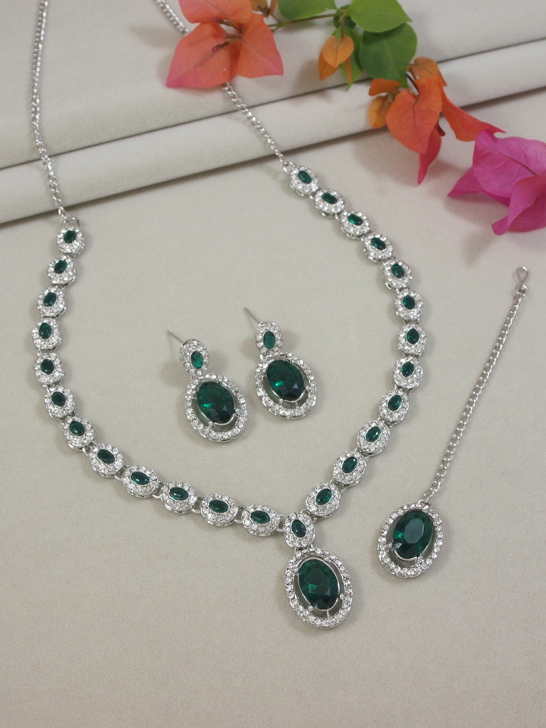 

I Jewels Silver-Plated Stone-Studded Jewellery Set