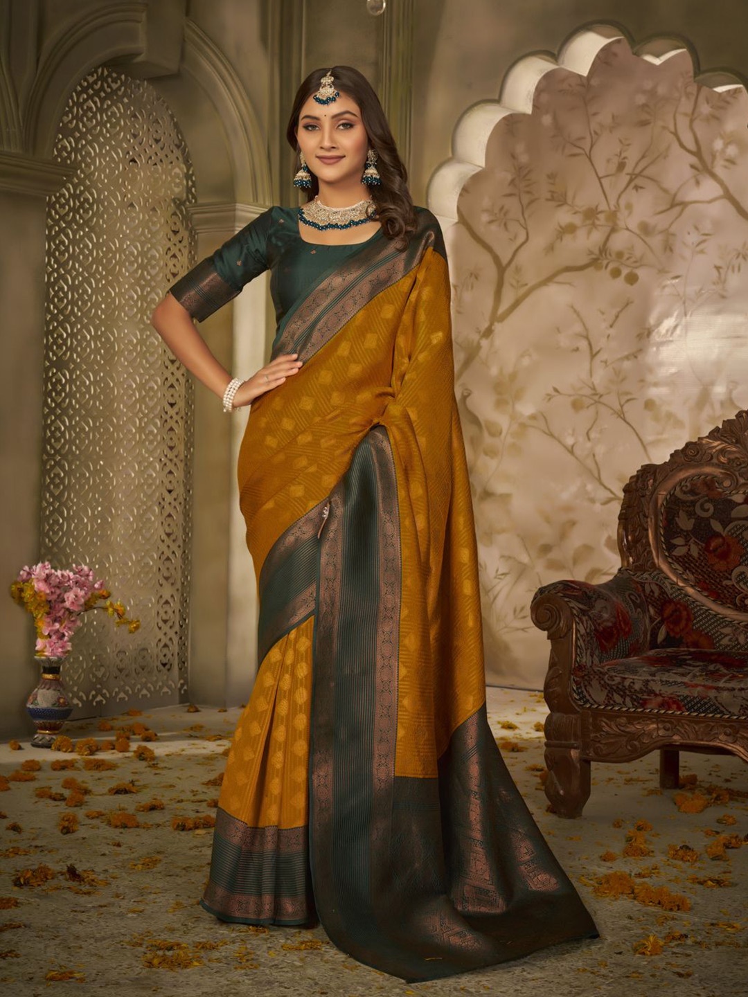 

KALINI Woven Design Zari Silk Blend Saree, Mustard