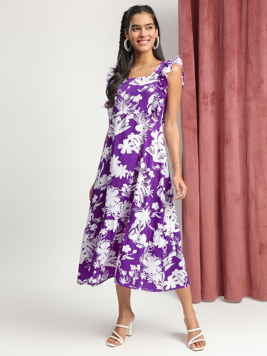 

FASHVERSE Floral Print Flutter Sleeve Crepe A-Line Sleeveless Dress, Violet