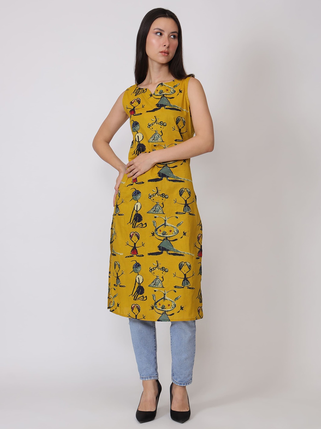 

ETRAANA Printed Pure Cotton V-Neck Kurta, Yellow