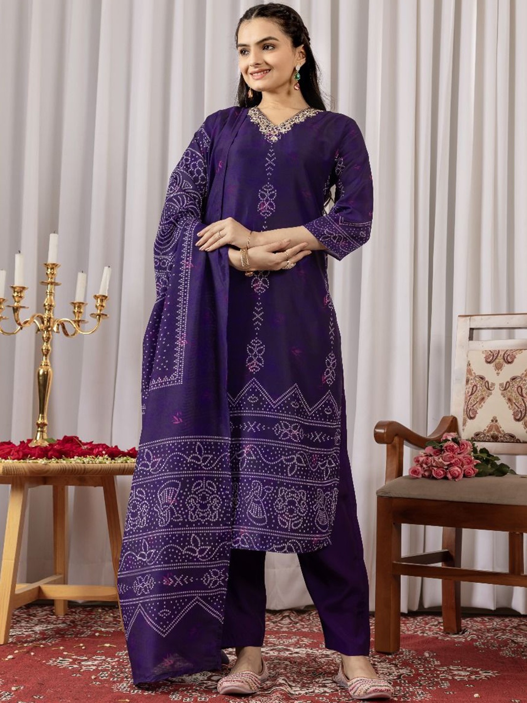 

Samhitas Women Bandhani Printed Regular Zardozi Kurta with Pyjamas & With Dupatta, Purple