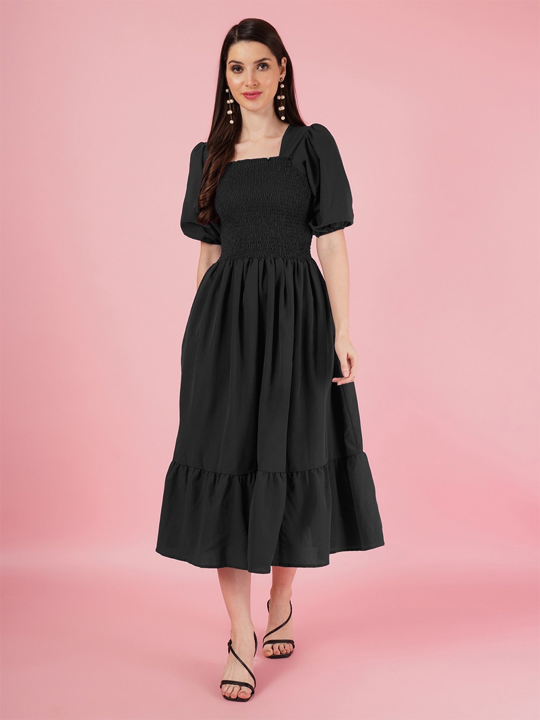 

Raiyani Fashion Women Square Neck Puff Sleeve Fit & Flare Midi Dress, Black