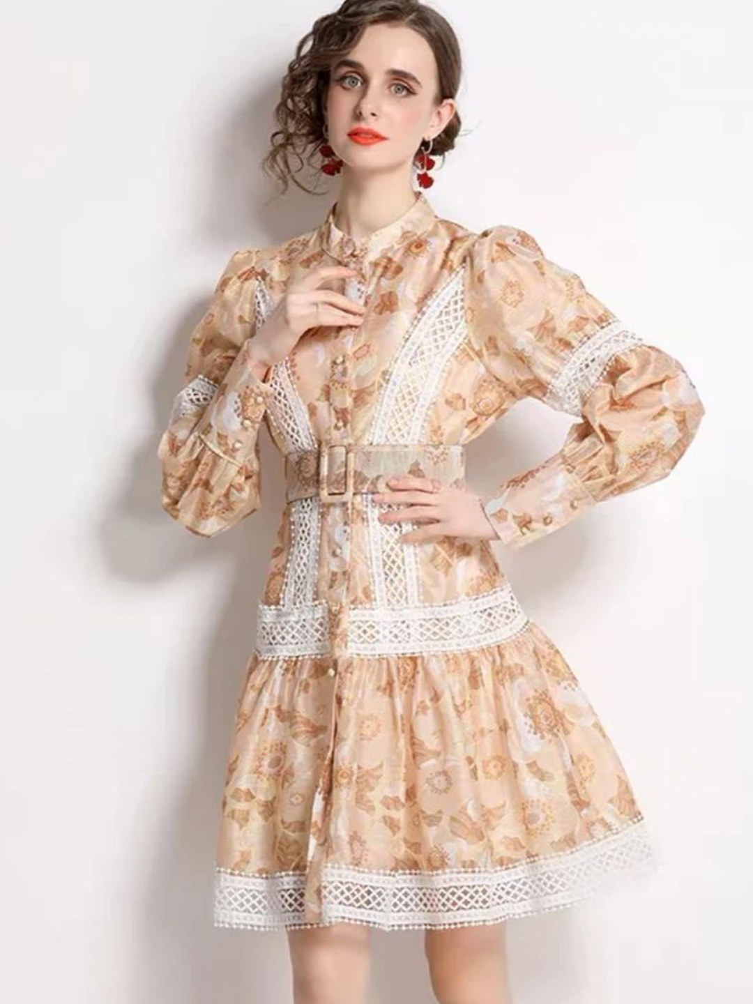 

MADE FOR HER LABEL Floral Print Puff Sleeve Fit & Flare Dress, Orange