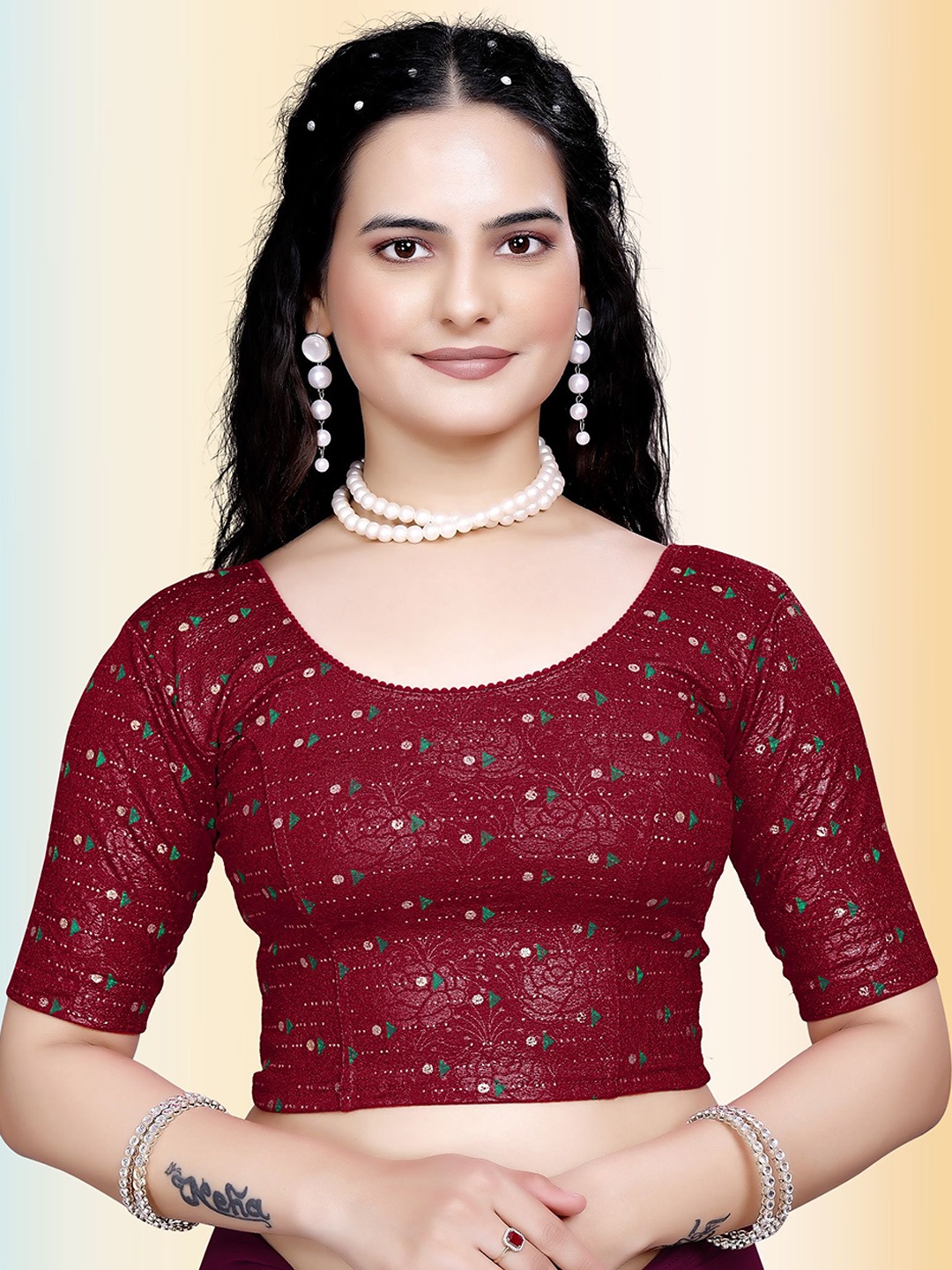 

TANISHM FEB TEX Printed Round Neck Saree Blouse, Maroon