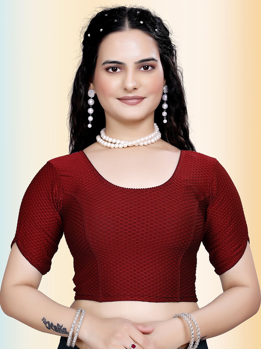 

TANISHM FEB TEX Cotton Round Neck Saree Blouse, Red