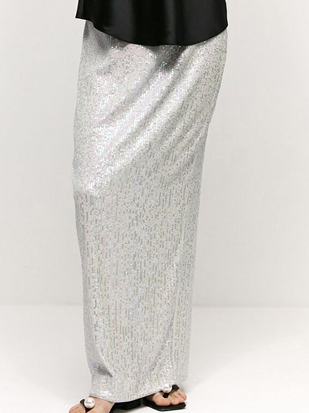 

LULU & SKY Sequinned Back Slit Maxi Skirt, Silver