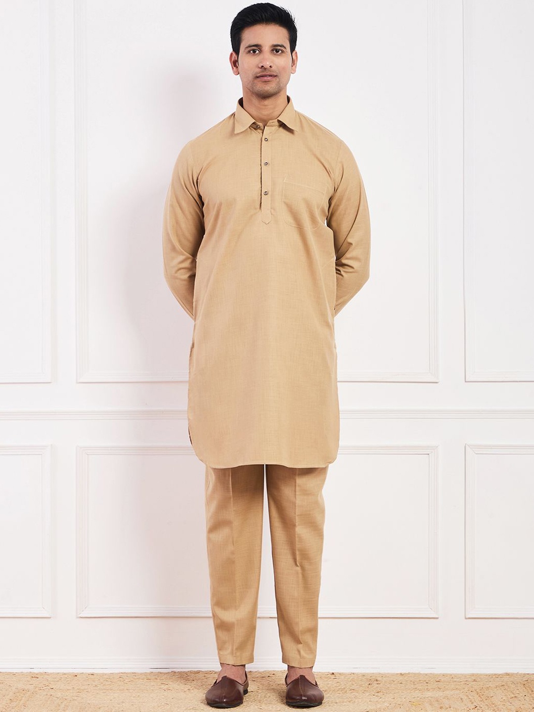 

Satwaa Shirt Collar Single Pocket Pathani Kurta with Trousers, Beige