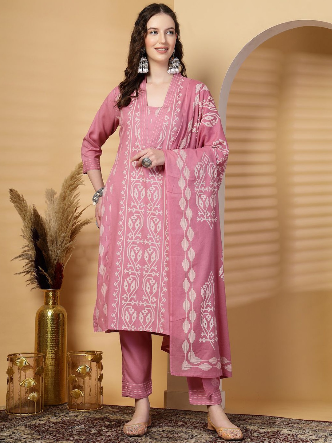 

Clora Creation Printed Three Quarter Sleeves Kurta & Trousers With Dupatta, Peach