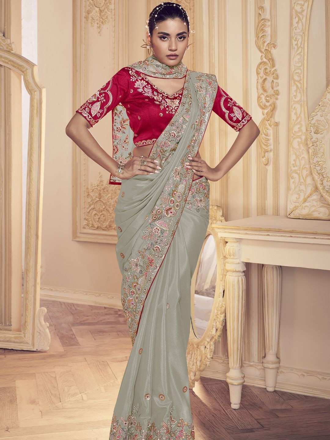 

Suha Floral Embroidered Poly Georgette Saree, Grey