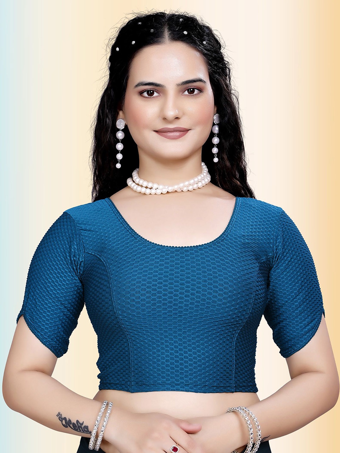 

TANISHM FEB TEX Cotton Round Neck Saree Blouse, Turquoise blue