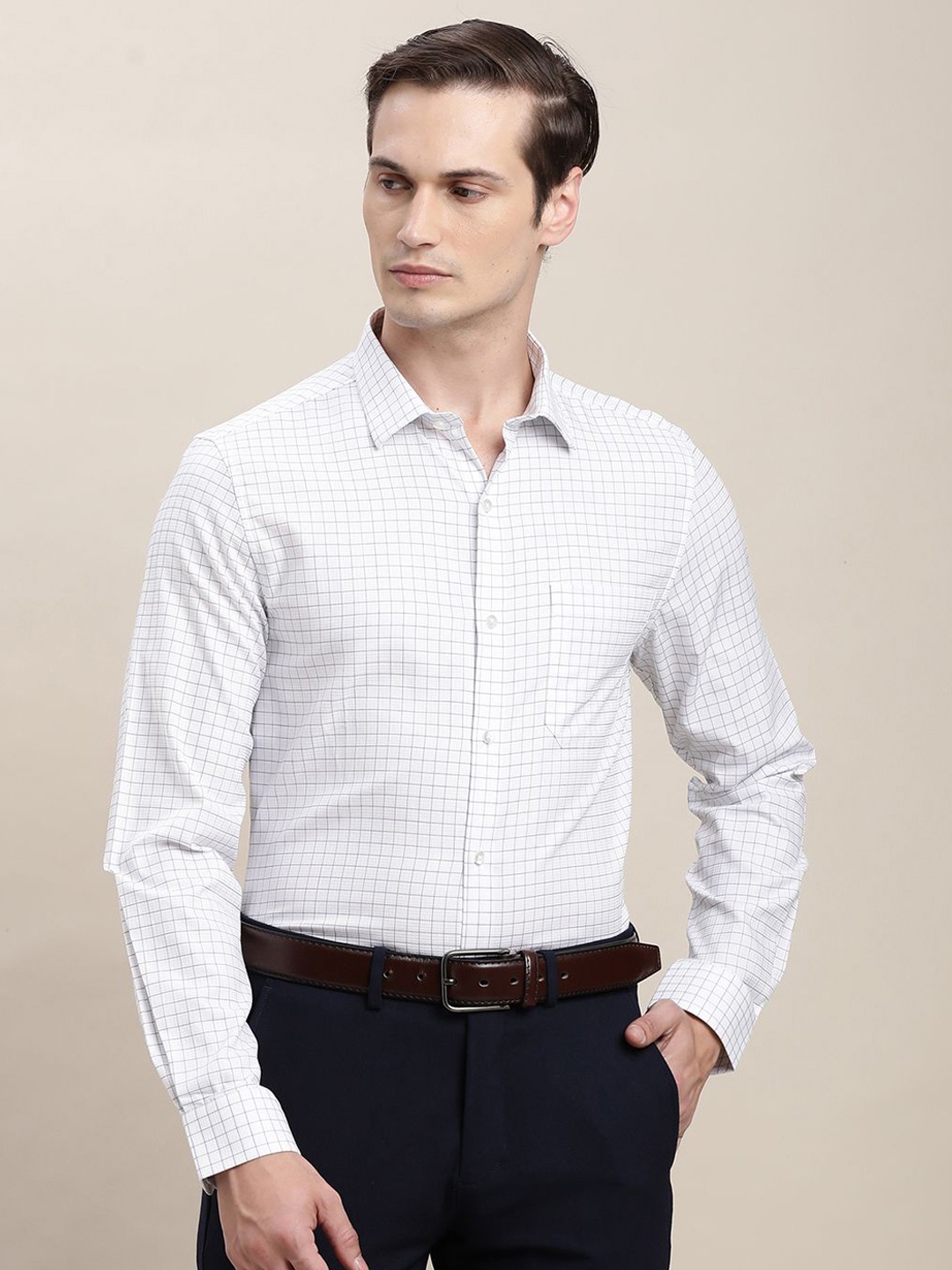 

Turtle Men Standard Regular Fit Spread Collar Grid Tattersall Checked Cotton Formal Shirt, Off white