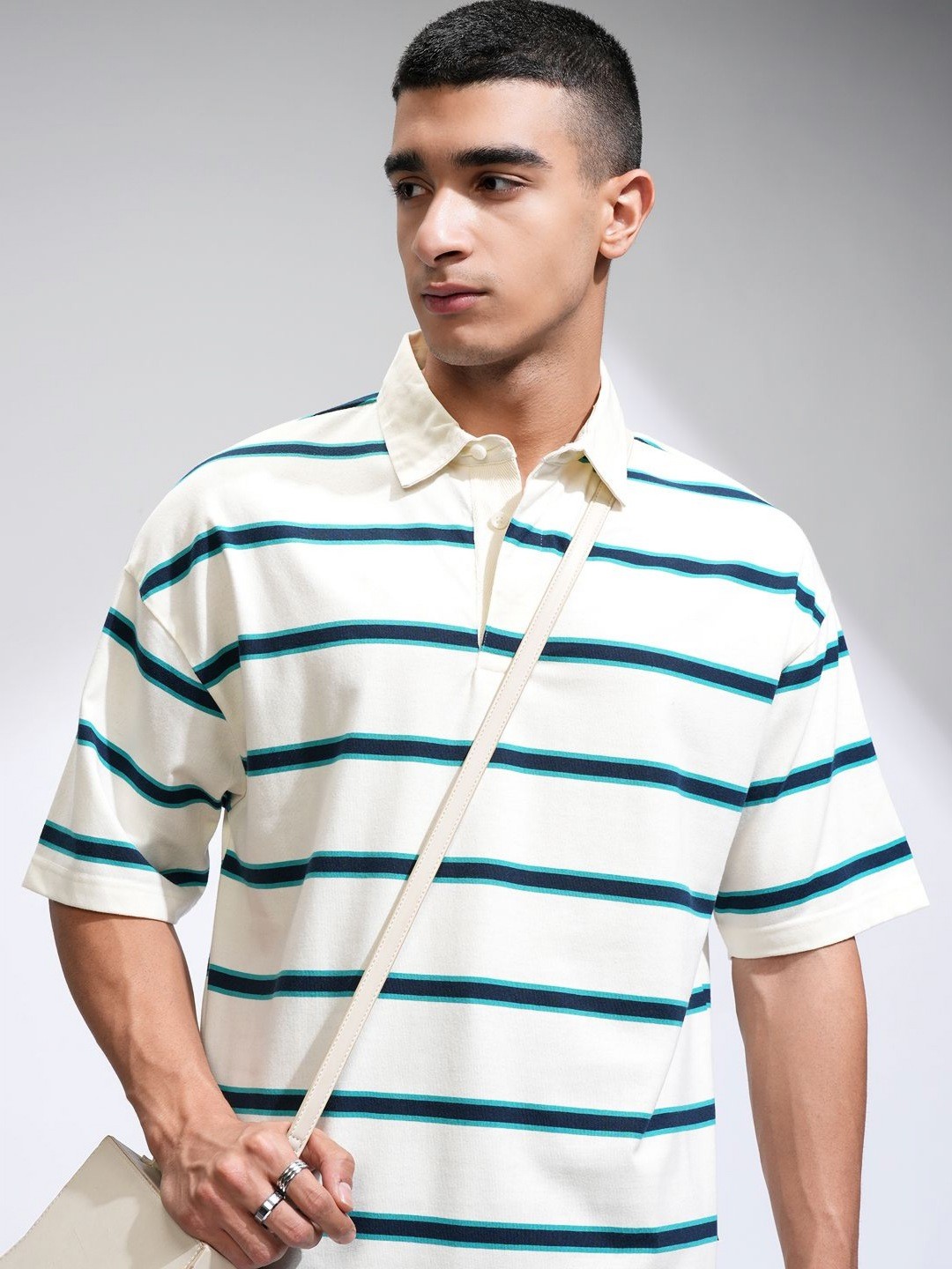 

HIGHLANDER Men Striped Polo Collar T-shirt, Off white