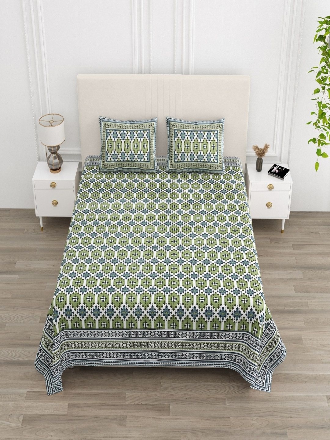 

tundwal's Marina Bay White & Green Floral 210 TC Cotton King Bedsheet Set