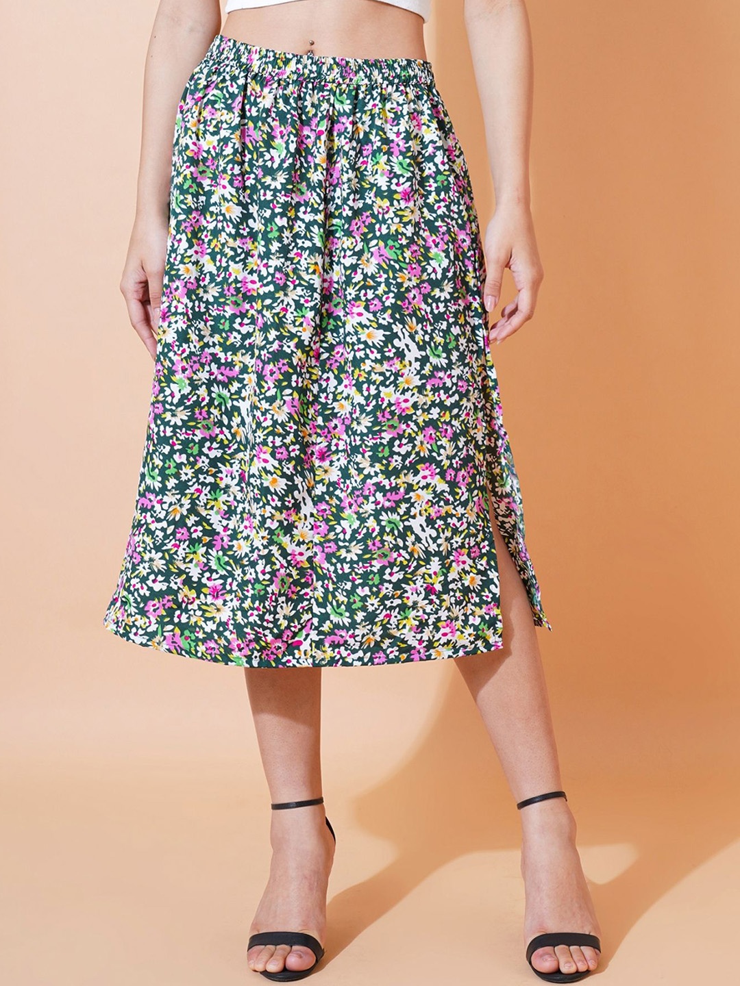 

GUDWEARS Floral Printed A-Line Midi Skirt, Green