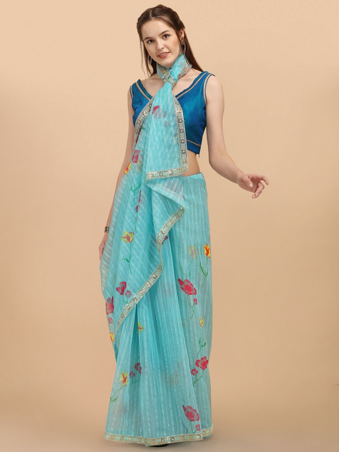 

Suha Floral Sequinned Organza Saree, Blue