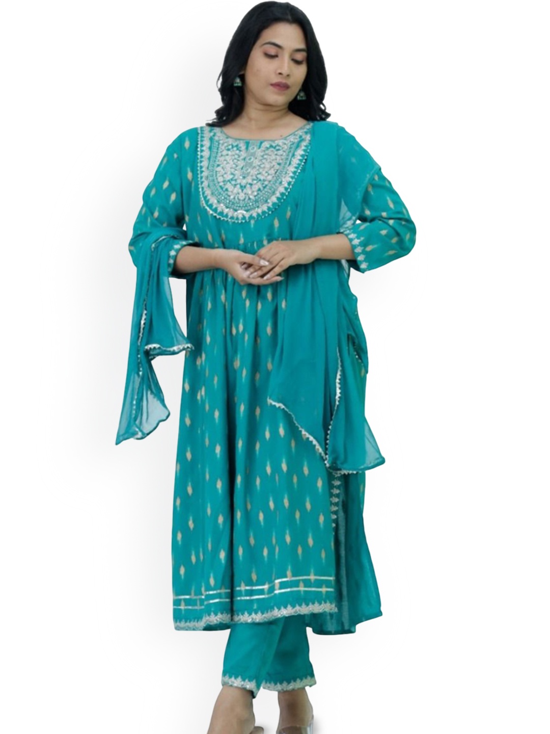 

Silselah Women Floral Embroidered Pleated Kurti with Trousers & With Dupatta, Green