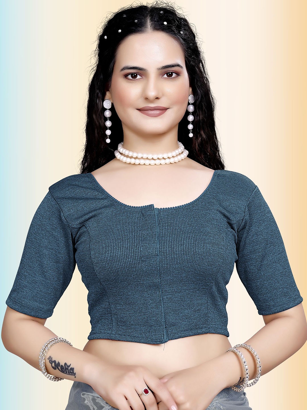 

TANISHM FEB TEX Cotton Round Neck Saree Blouse, Turquoise blue