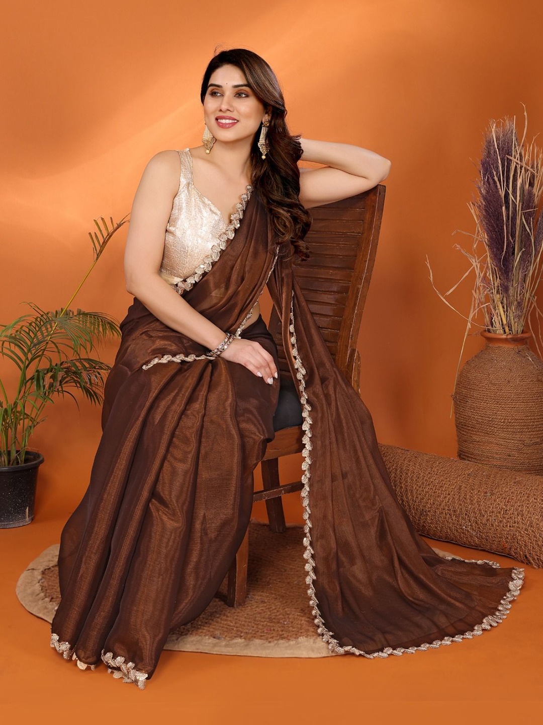 

BLEESBURY Organza Saree, Bronze