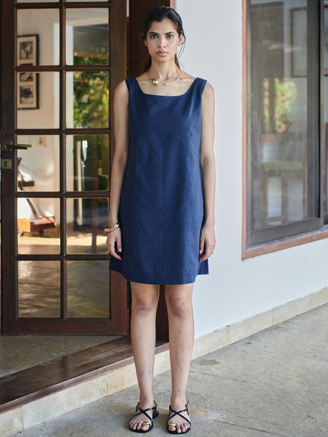 

Saphed Women Linen A-Line Dress, Navy blue