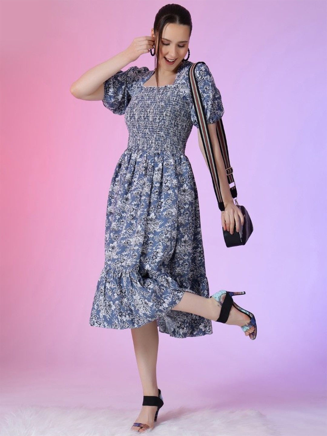 

Raiyani Fashion Print Puff Sleeve Applique Fit & Flare Midi Dress, Blue